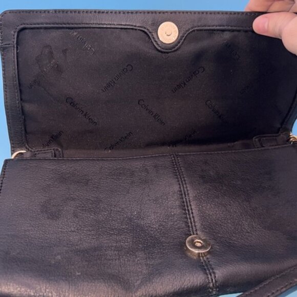 Calvin Klein Black Leather "Gold" Purse Good Condition With Lock Hardware, Strap - Picture 7 of 11